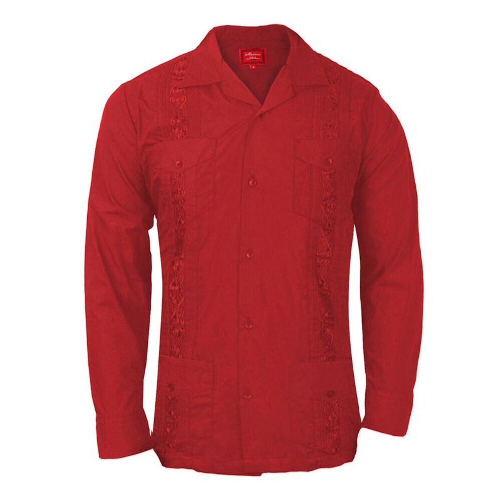 Men's Long Sleeve Guayabera Cuban Beach Wedding Button-Up Dress Shirt Red